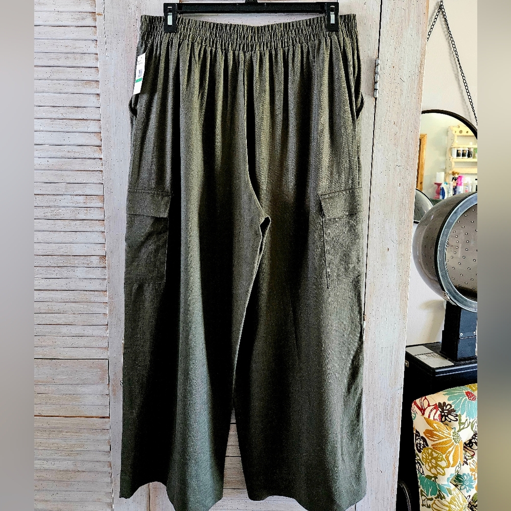 NWT LINEN Jessica Simpson Wide Leg Pant Cargo Pant Olive Size Large - Picture 2 of 6